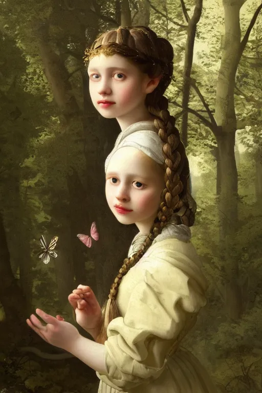 Prompt: a neoclassical portrait of a cute little forest girl with a beautiful braid and dreamy eyes, concept art, realism, wearing traditional attire and beautiful ornaments, dreamy atmosphere, by Johannes Vermeer, butterflies in the fog in a bokeh background, artstation, 8K