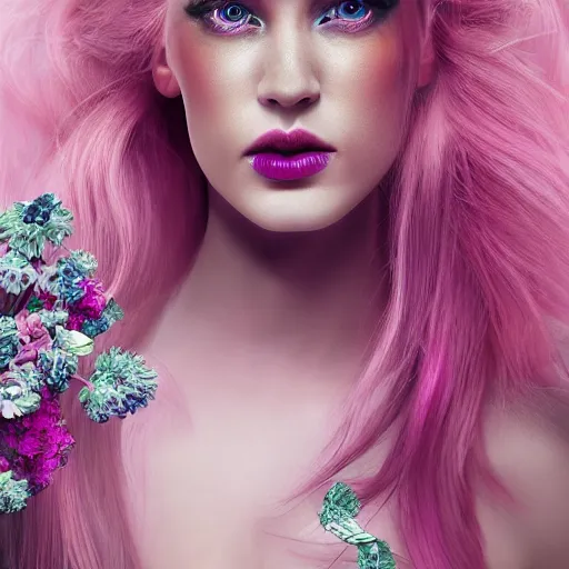 Prompt: beautiful young female florist concept art, pink hair, clear blue eyes, ornate, dynamic, particulate, rich colors, intricate, elegant, highly detailed, vogue, harper's bazaar art, fashion magazine, smooth, sharp focus, 8 k, octane render