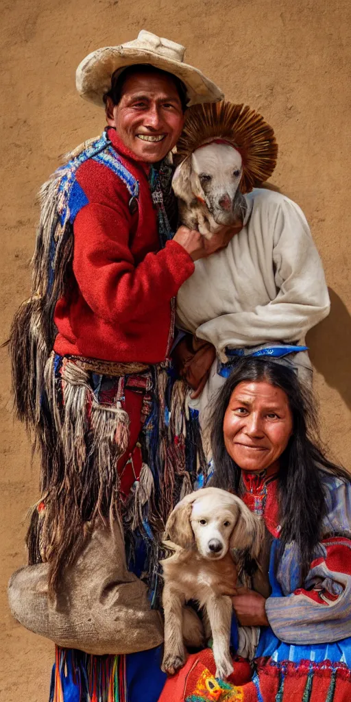 Image similar to indigenous Cuzco Couple with Dog, Peru in 1950, andean clothing, unreal 5, hyper realistic, realistic, photo realistic, dynamic lighting, highly detailed, cinematic landscape, studio landscape, studio lighting