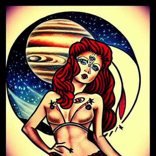 Prompt: old school, traditional style tattoo sketch of beautiful redhead girl, full body portrait in space riding a rocket, in front of jupiter planet with its moons drawn by sailor jerry, vic james, electric martina, heath clifford, kimi vera