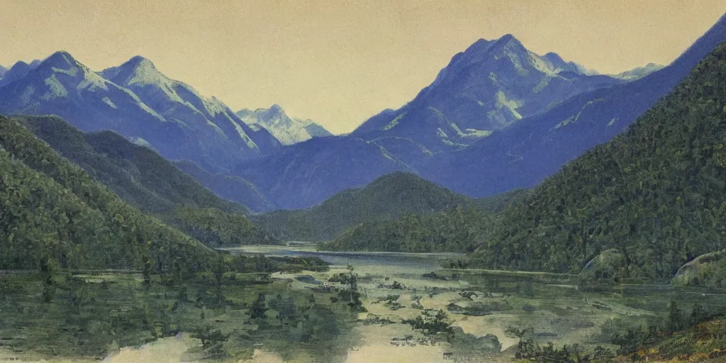 Prompt: art by abbott fuller graves of the cinematic view of the jiuzhaigou valley forest