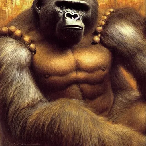 Image similar to highley detailed potrait of an anatomically correct gorilla mecha, painting by gaston bussiere, craig mullins, j. c. leyendecker, lights, art by ernst haeckel, john william godward, hammershøi,