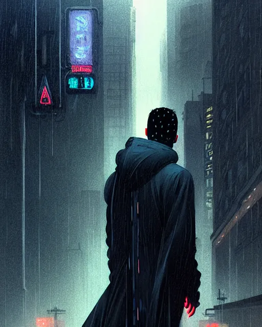 Image similar to blade runner, hyper - realistic portrait man in hoodie, real street, rain, cinematic, by atey ghailan, by greg rutkowski, by greg tocchini, by james gilleard, by joe fenton, by kaethe butcher, 8 k, very intricate, 8 0's, night