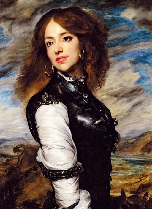 Image similar to , , rachel maddow dressed as black Canary,, Dramatic, Edge, Good, Infused, Backlight, De-Noise, VFX, insanely detailed and intricate, hypermaximalist, facial ,elegant, ornate, hyper realistic, super detailed, by Anthony Van Dyck, by Ivan Shishkin, by John Constable