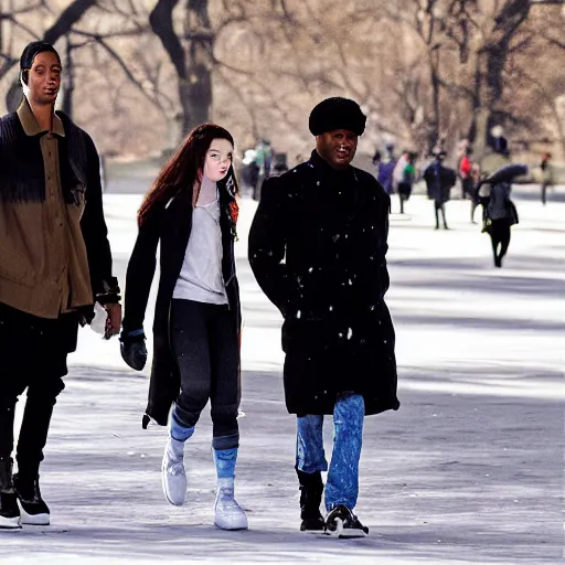 Image similar to travis scott dating anya taylor joy in central park at winter, symmetry photorealistic, dynamic light, ultra detailed, paparazzi photo