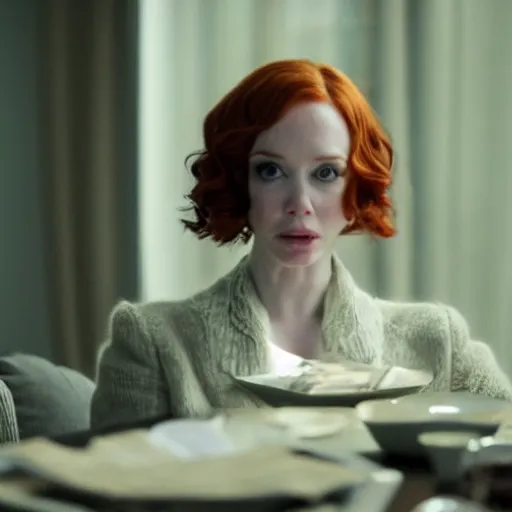 Image similar to a very surprised looking beautiful Christina Hendricks r in the living room, film still from the movie directed by Denis Villeneuve , wide lens