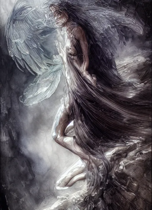 Prompt: portrait, A beautiful angel falling from grace into the depths of the abyss, watercolor, dramatic lighting, cinematic, establishing shot, extremely high detail, foto realistic, cinematic lighting, pen and ink, intricate line drawings, by Yoshitaka Amano, Ruan Jia, Kentaro Miura, Artgerm, post processed, concept art, artstation, matte painting, style by eddie mendoza, raphael lacoste, alex ross