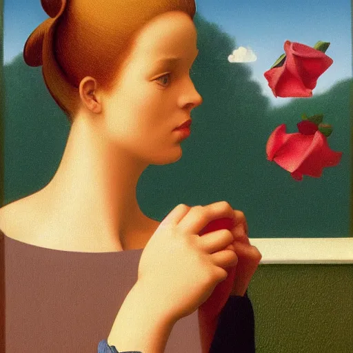 Prompt: a sight for sore eyes by Raphael, Hopper, and Rene Magritte. detailed, romantic, enchanting, trending on artstation.