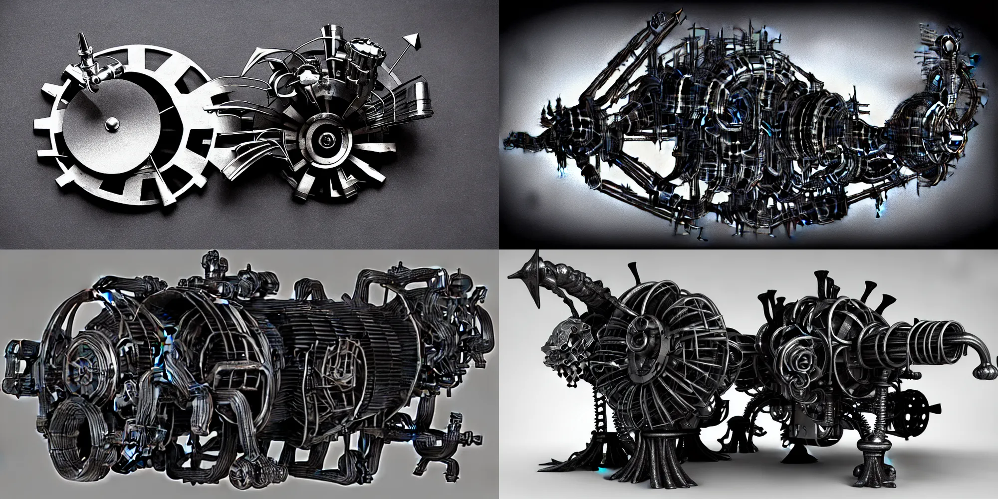 Image similar to brushed metal dark graphite creature cyborg ship engine underground mechanism