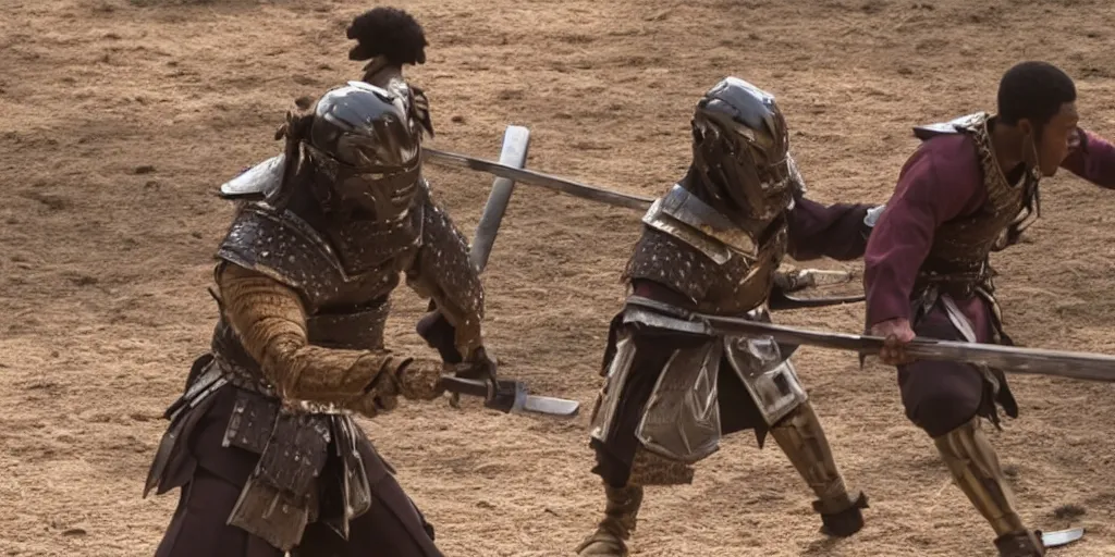 Image similar to a film still of a black man starring in a japanese blockbuster film as samurai, futuristic, shallow depth of field, cinematic, award winning cgi, vfx, film still