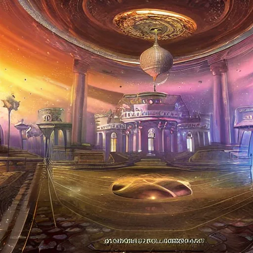 Prompt: epic professional digital art of the ruins of peach castle lobby, It would take place in space, with nebulas and stars in the background but with like, barely any walls inside, floating around in the space area, it would have a velvet blue aesthetic too, The logo on the carpet would be velvet room logo and there would be a throne in the room as well with a dark gray and blue aesthetic