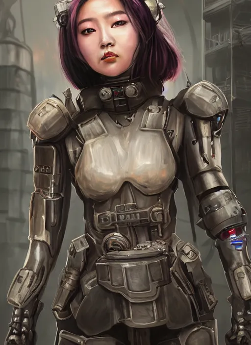 Image similar to An epic fantastic realism comic book style portrait painting of a female cyber warrior, tzuyu from twice, dieselpunk armor, long fluffy hair, porcelain pale skin, cyberpunk color raining tokyo everywhere, Concept world Art, unreal 5, DAZ, hyperrealistic, octane render, cosplay, RPG portrait, dynamic lighting