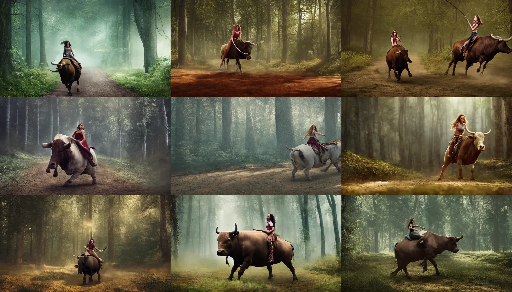 Prompt: a girl riding a bull in a forest road, cinematic, octane render, ultrarealistic, highly detailed, color graded, chamber of secrets