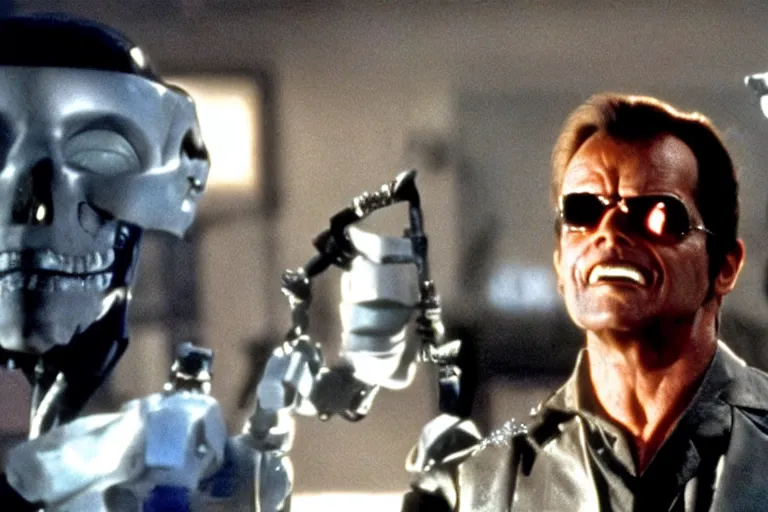 Image similar to Jack Nicholson plays Terminator, scene where his endoskeleton gets exposed, still from the film