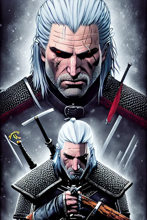 Image similar to poster of geralt from witcher 3, by yoichi hatakenaka, masamune shirow, josan gonzales and dan mumford, ayami kojima, takato yamamoto, barclay shaw, karol bak, yukito kishiro