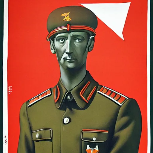 Image similar to a detailed and complex uncut full body soviet propaganda poster depicting a dromaius in military uniform. painting by dmitri moor