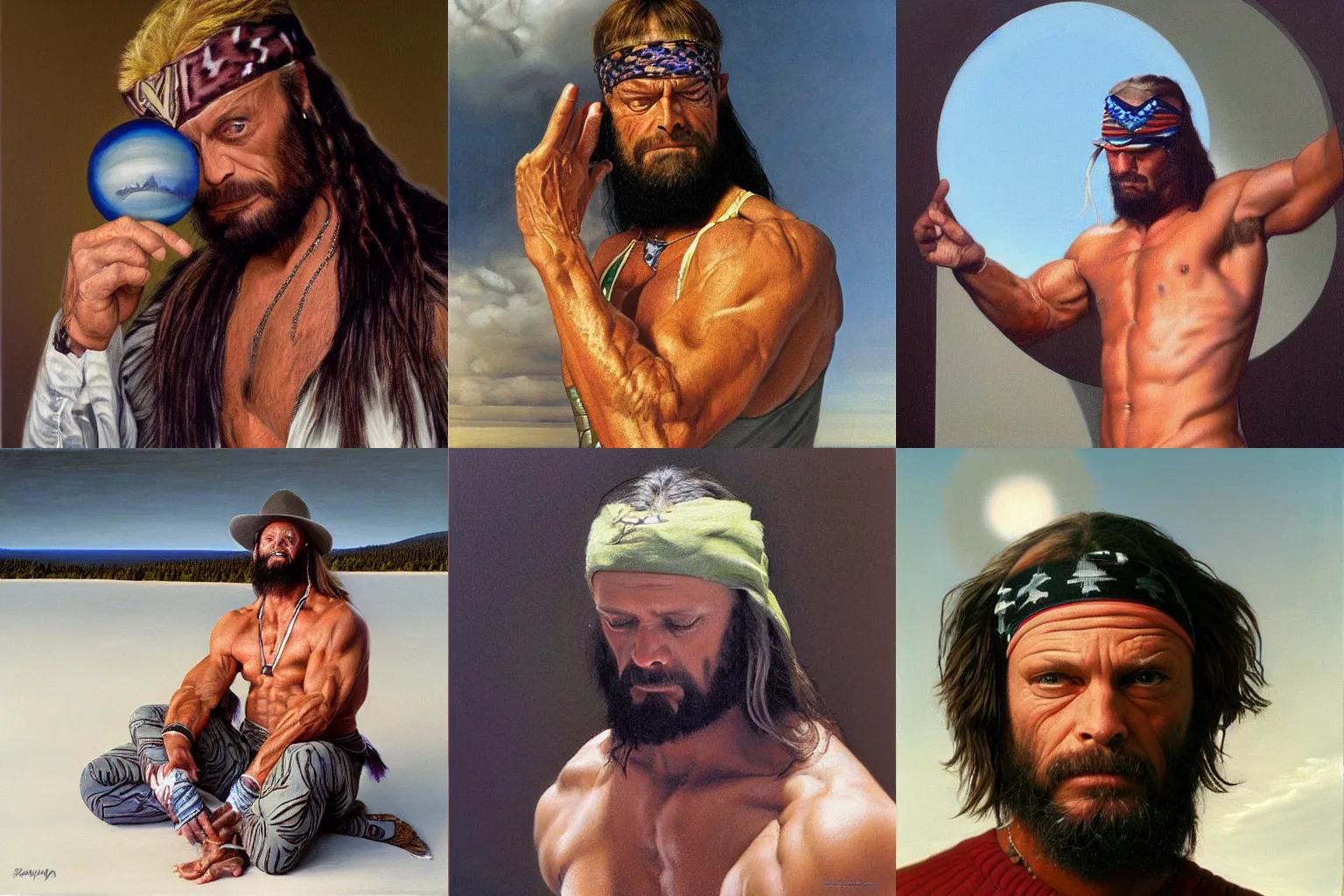 Prompt: Macho man Randy Savage pondering the orb, oil painting by Robert Bateman