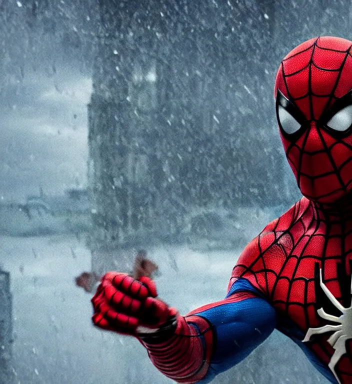 Image similar to cinematic still of jason statham as spiderman, dramatic rain, 8 k