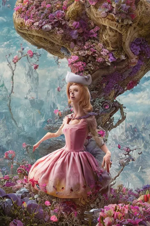 Image similar to cinematic portrait of Alice in Wonderland. Centered, uncut, unzoom, symmetry. character illustration. Surreal render, ultra realistic, zenith view. Polished. Inspired by patricio clarey, heidi taillefer scifi painter glenn brown. Extremely ornated. artstation, cgsociety, unreal engine, ray tracing, detailed illustration, hd, 4k, digital art, overdetailed art. Dslr, tiltshift, dof. 64megapixel. complementing colors. Trending on artstation, deviantart,