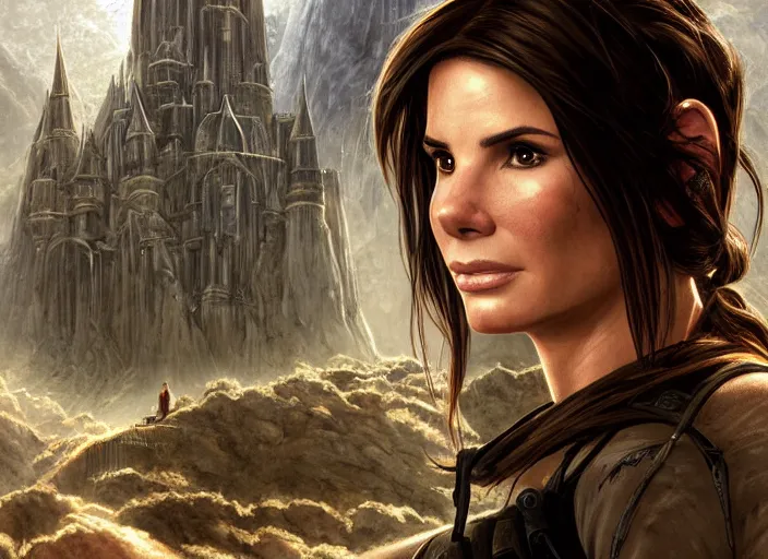 Image similar to face portrait of concentrated young Sandra Bullock as Lara Croft entering the large Minas Tirith gate, sun beams, intricate, elegant, highly detailed, centered, digital painting, artstation, concept art, smooth, sharp focus, illustration, Allan Lee, John Howe