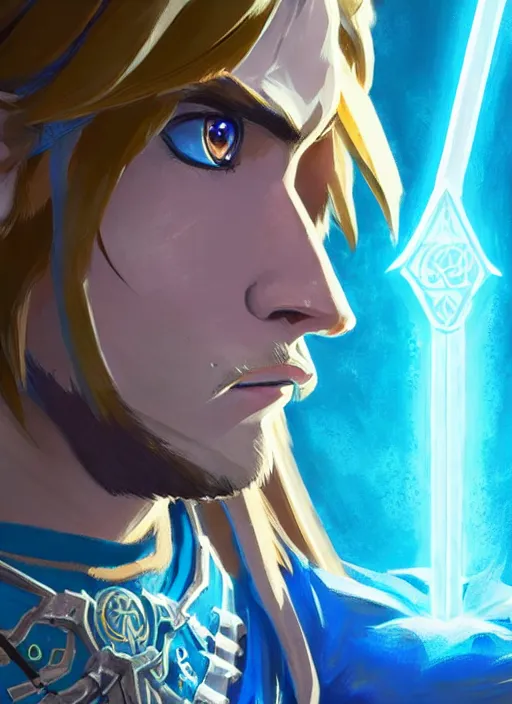 Image similar to link breath of the wild great portrait, cinematic lighting, glowing blue runes, highly detailed, d & d, fantasy, highly detailed, digital painting, trending on artstation, concept art, sharp focus, illustration, art by artgerm and greg rutkowski and fuji choko and viktoria gavrilenko and hoang lap