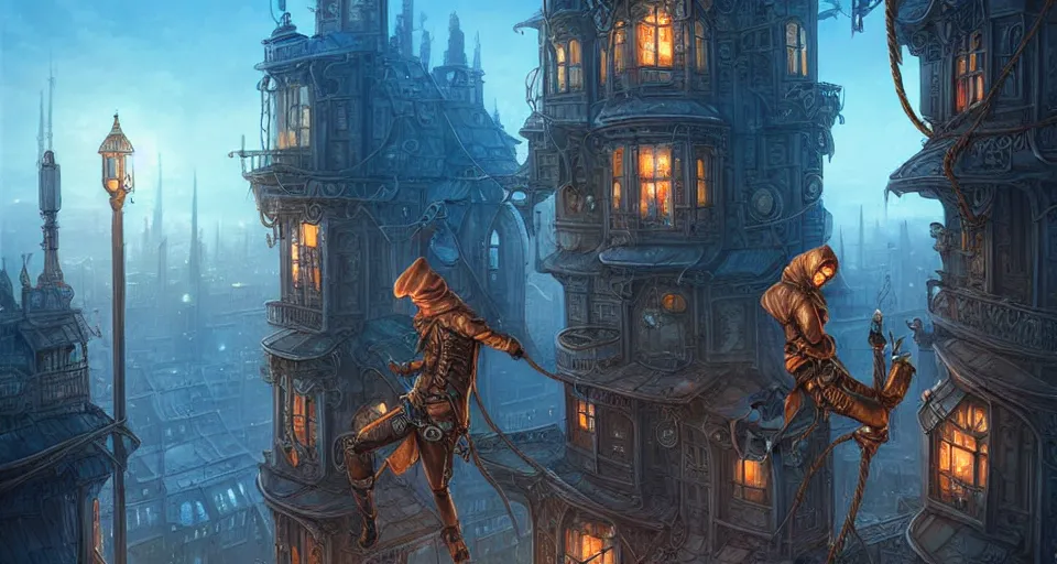 Image similar to landscape painting of fantasy metal steampunk city that has a light blue glow with walkways and lit windows and a fine detailed hooded thief in browns leathers climbing one of the tall buildings using a rope, fine details, magali villeneuve, artgerm, rutkowski