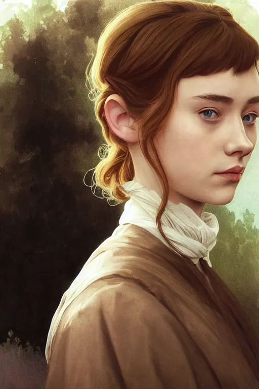 Prompt: a girl that looks like 16-year old Saoirse Ronan, Audrey Hepburn, and Scarlett Johansson, highly detailed, digital painting, artstation, concept art, smooth, sharp focus, illustration, ArtStation, art by artgerm and greg rutkowski and alphonse mucha and J. C. Leyendecker and Edmund Blair Leighton and Katsuhiro Otomo and Geof Darrow and Phil hale and Ashley wood and Ilya repin and Charlie Bowater