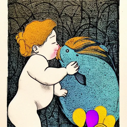 Image similar to the same style. the most beautiful little fat sweet girl is kissing a huge colorful cute fish. modern etching. colored print. hype realistic scene.