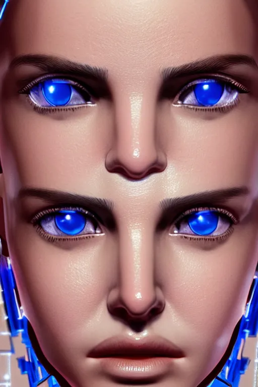 Prompt: close up headshot of Natalie Portman as a female android, intricately detailed mechanical parts, complicated circuits and wires, beautiful gazing symmetric blues eyes, unreal engine, path tracing, 8k, artstation