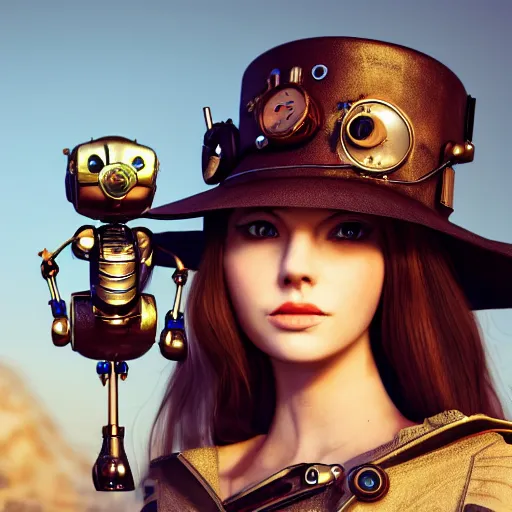 Prompt: a portrait beautiful steampunk woman and her cute robot cat in front of a spaceport, long hair, aged 2 5, slovenian, wearing a travel hat, photo realistic, real life, octane render, trending on artstation