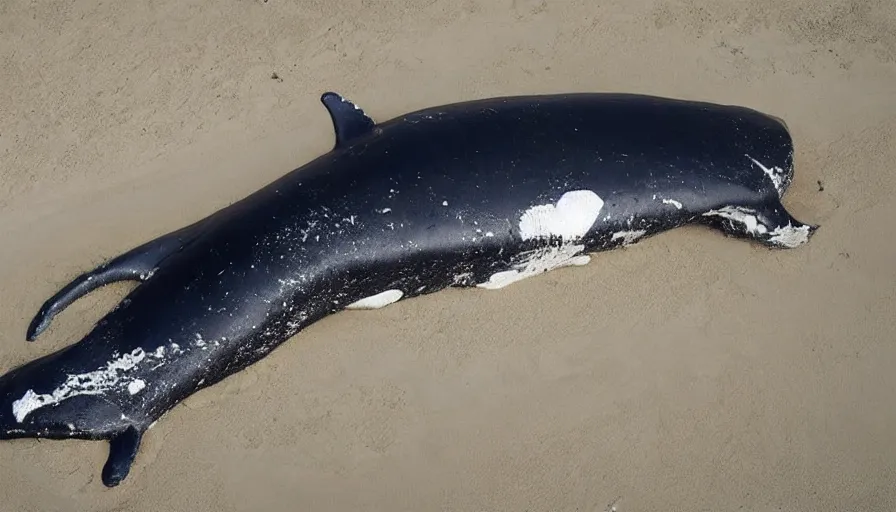 Image similar to astronaut suit in the shape of a whale, washed up on the beach. cnn news footage taken from above.