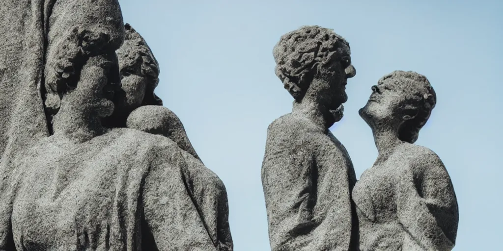 Prompt: a closeup shot of a stone made a statue of a couple with a blue sky