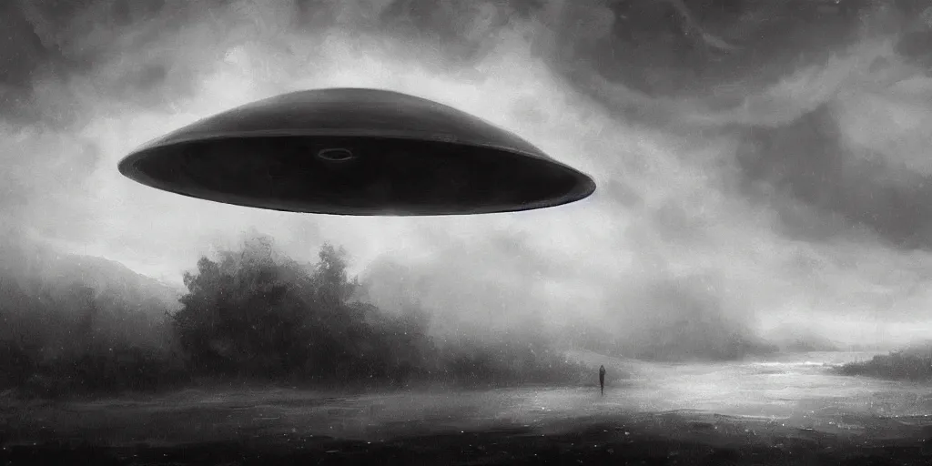 Image similar to epic cinematic concept art of an ufo during an giant, cloudy, foggy, storm, night setting. realistic shaded lighting poster by craig mullism, jeremy lipkin and michael garmash, radiant light, detailed and intricate environment, digital art, trending on art station, monochromatic noir