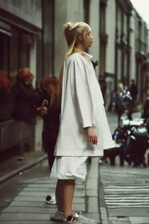 Image similar to high quality realistic street photo of girl, stylish hairstyles, clothes in the style of 1 9 9 0, fashion style clothes from maison margiela and off - white ; kodak ektar, 2 0 0 iso, 3 5 mm lens, bill henson style beautiful chiaroscuro lighting, beautiful colour palette, beautiful and realistic, wide shot