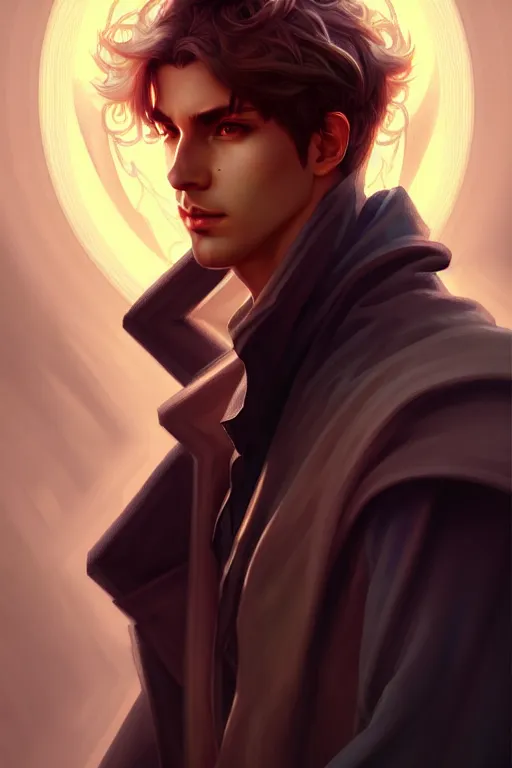 Image similar to beautiful casual bold angelic male warlock portrait, highly detailed, digital painting, artstation, sharp focus, illustration, art by tan zi and ayanamikodon and alphonse mucha and wlop