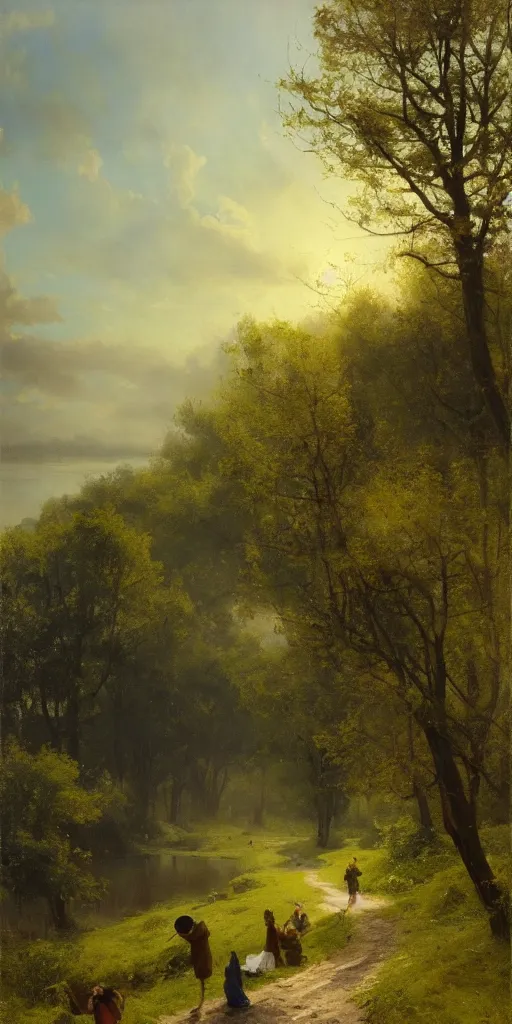 Image similar to a big hillside meadow with a little lake in 1 9 4 0 with blue light on, sunny day, a men stand up on the road, mystical orange fog, oil on canvas, art by andreas achenbach, clemens ascher, tom bagshaw and sabbas apterus,