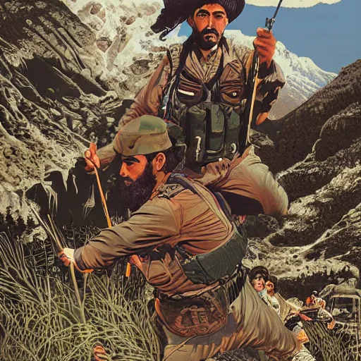 Image similar to kurdish freedom fighters in the mountains art by martin ansin, highly detailed, 8 k, high resolution, award winning art, incredibly intricate