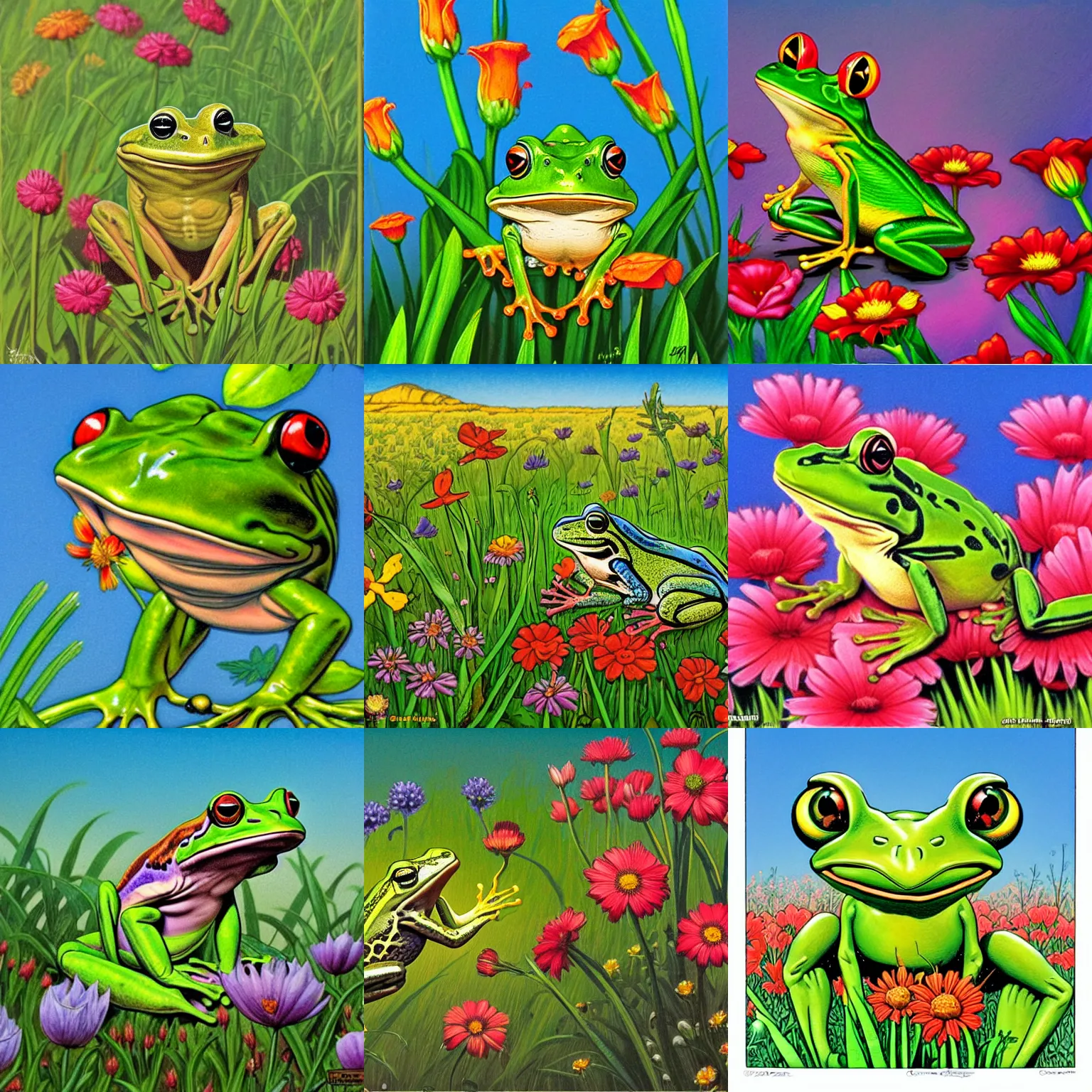 Prompt: a frog in a prairie full of flowers, greg hildebrandt style