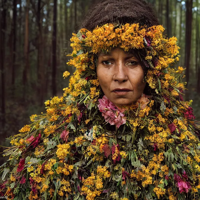 Image similar to closeup portrait of a woman wearing a cloak made of flowers and gold, standing in a burnt forest, by Annie Leibovitz and Steve McCurry, natural light, detailed face, CANON Eos C300, ƒ1.8, 35mm, 8K, medium-format print