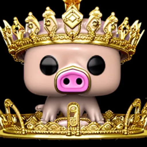 Image similar to A funko pop of a bag of a pig in a gold crown