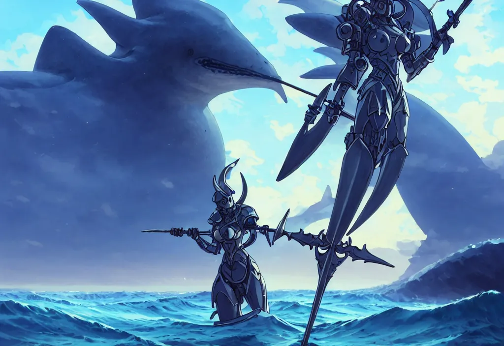 Image similar to close up of a mech armor witch holding a trident, extremely beautiful and aesthetic and detailed cute face and body, back shark fin, big wave horizon, specular reflection, occlusion shadow, dynamic pose, slightly smiling, blue sky, big blade whale and black giants minotaurus, fantasy illustrations, by makoto shinkai and peter mohrbacher and ferdinand knab