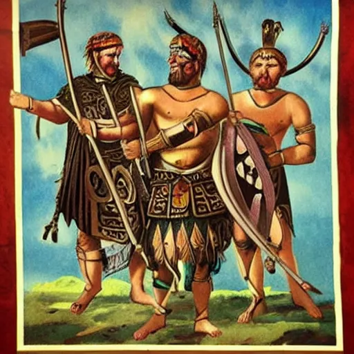 Prompt: A roman propaganda poster demonising tatooed celtic warriors. circa 400 BC