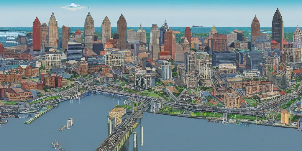 Image similar to cleveland skyline, escher, masterpiece, highly detailed, 4 k