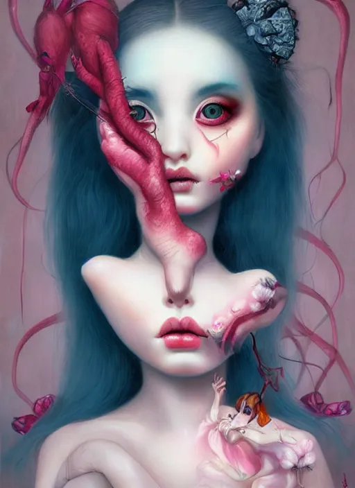 Image similar to pop surrealism, lowbrow art, realistic cute seductive girl painting, japanese street fashion, hyper realism, muted colours, rococo, natalie shau, loreta lux, tom bagshaw, mark ryden, trevor brown style,