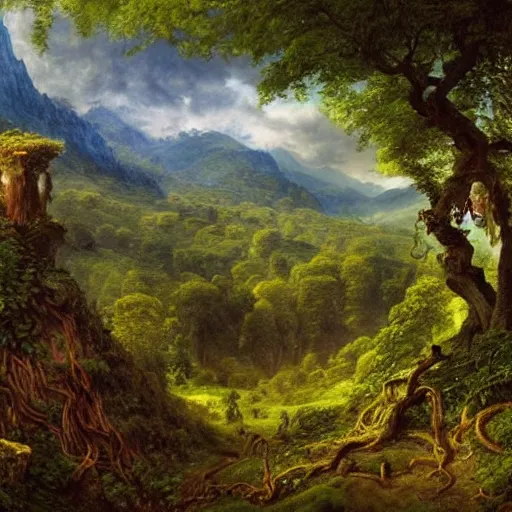 Image similar to a beautiful and highly detailed epic oil painting of a lush valley in the mountains, beautiful trees, tangled vines, ancient runes, intricate details, epic scale, insanely complex, 8 k, sharp focus, hyperrealism, fantasy landscape, psychedelic, by caspar friedrich and brian froud, albert bierstadt,