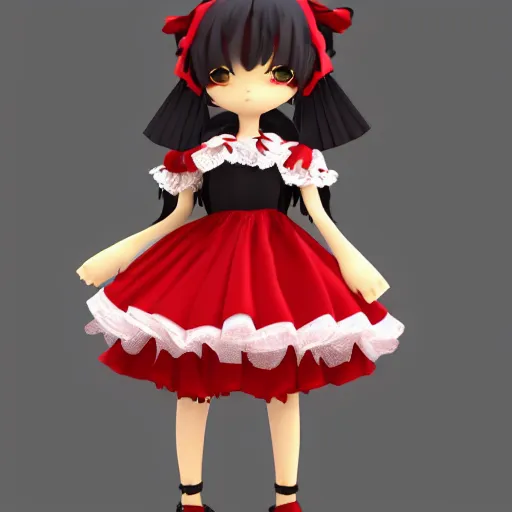 Prompt: cute fumo plush of a girl in a gothic dress, red and black, ruffles tassels and ribbons, soft shadow, cel shading, vray