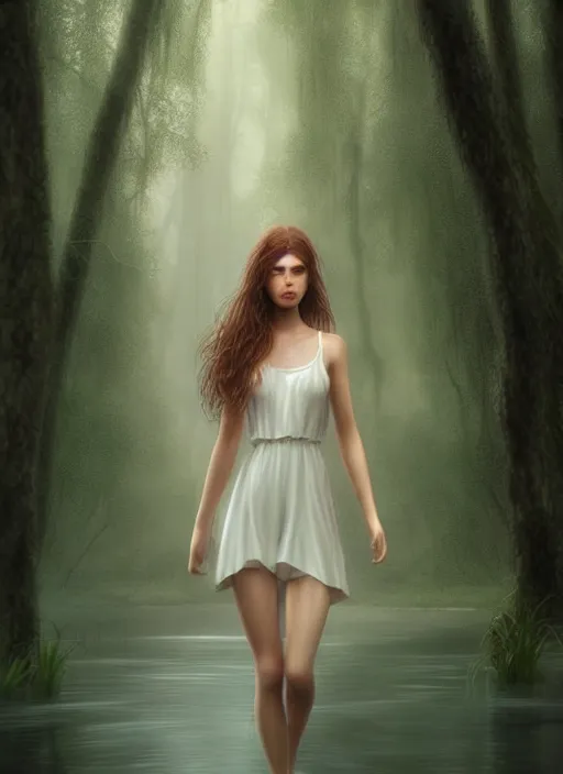 Image similar to young woman beautiful face : : wet hair and white dress : : raining forest nature : : weta disney pixar movie still photo : : decadent highly - detailed digital painting, full length shot, golden ratio, octane render, artstation, smooth, sharp focus, artgerm, mucha, loish, wlop, gogo