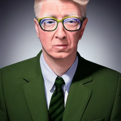 Image similar to augustus aloysius corporate portrait, senior sales marketing acquisitions ceo executive vp, purple green color scheme, professional studio lighting, hyperreal detailed lifelike facial features, corporate portraiture shot by cindy sherman and david lynch