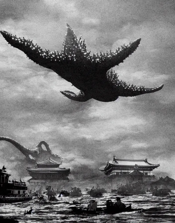 Image similar to a filmstill of a north korean monster movie, kaiju - eiga monster starfish - like trampling a traditional korean palace, foggy, film noir, epic battle, etheral, explosions, communist propaganda, communist epic thriller, by akira kurosawa and wes anderson video compression