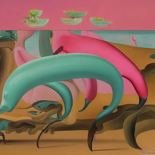 Image similar to a highly detailed oil painting of 3 pink dolphins, in a cheese world, 4 k, trending on art station, in the style of dali, boch, matisse caravaggio, comical
